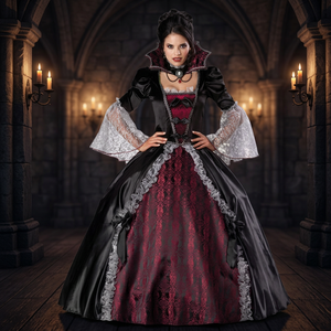 Disfraz de Vampiresa para Mujer, Vestido Gótico Negro y Rojo con Mangas de Encaje para Fiesta de Halloween, Cosplay, Primavera 2025, 14 Años o Más, 8621 - Product Image 3