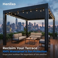 HENLIXO Pergola en aluminium robuste avec toit rigide métallique, rideaux intégrés, stores à lamelles et éclairage LED