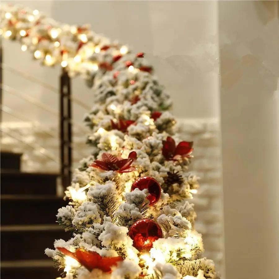 Guirnaldas de agujas de pino para decoración navideña, guirnalda de PVC para decoración de barandillas de escaleras, flocado, guirnalda de Navidad Artificial de 2,7 m