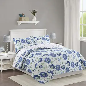 Ucuz fabrika doğrudan yatak örtüsü pamuk kral tek yatak örtüsü seti mavi çiçek baskılı dört parça all tüm sezon için Set