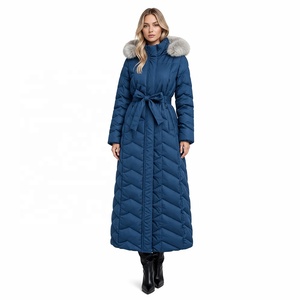 Veste matelassée pour femme - Manteau long en duvet avec capuche en fourrure, <span class=keywords><strong>ceinture</strong></span> élégante, coupe ajustée, matelassage en chevron, parka d'hiver pour un usage quotidien - Product Image 1