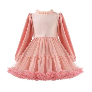 Customize puffy lace mesh sequins sparkly top with long sleeve everyday life girl dress for 4 year