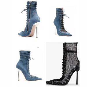 Summer Autumn Lace-Up ZIP Ankle <b>Boots</b> High Top Sexy Women's Denim Short Slim Heels Big Size 48 - Product Image 6