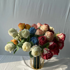 Fleur artificielle Meiyuan à 7 têtes, rose à bords brûlés, style rétro américain, pour décoration de mariage et de maison - Product Image 1