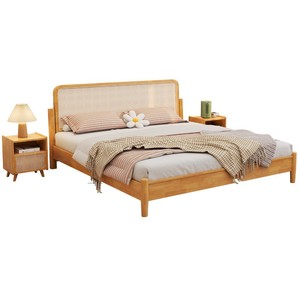 Natural Modern Solid Wood Bedroom Bed With <b>Rattan</b> Design 1.5m and 1.8m Size A17 Solid Wood Bedroom Furniture A17 - Product Image 5