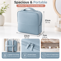 Sac de maquillage en PU grande capacité avec double fermeture éclair, sac de toilette de voyage avec sangle de bagage intégrée et support en PP