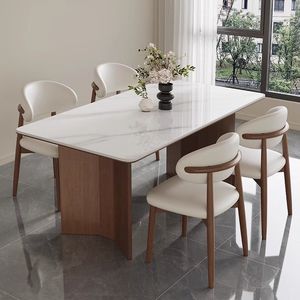 Table à manger extensible minimaliste de luxe avec plateau en pierre frittée blanc mat et base en panneau noir pour mobilier de villa moderne - Product Image 2