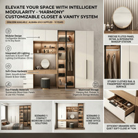 Armoire de luxe moderne blanc crème avec coiffeuse intégrée et étagères LED, système de rangement modulaire pour chambre à coucher