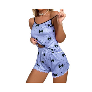 Bộ đồ ngủ lụa sữa nữ in hình nơ, áo vest mềm mại và quần đùi, đồ ngủ dễ thương cho bé gái - Product Image 4