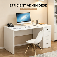 Bureau d'ordinateur en panneaux de particules de bois avec 3 tiroirs, trou pour câbles, table d'écriture blanche pour bureau à domicile, chambre à coucher