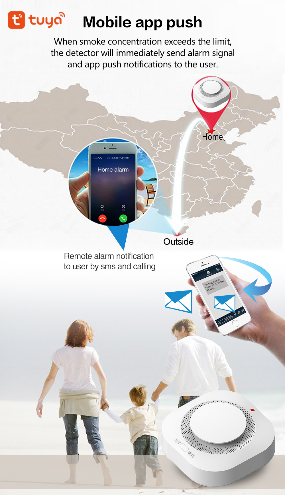 WiFi smart smoke fire detection sensor security alarm system Tuya APP remote control wireless fire alarm sensor