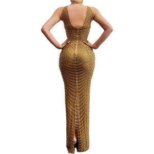 Phụ Nữ Quần Áo Vàng Pha Lê Lưới Ăn Mặc Cao Cổ Không Tay Gala Đảng Ăn Mặc Cho Phụ Nữ Thanh Lịch Buổi Tối Ăn Mặc - Product Image 5