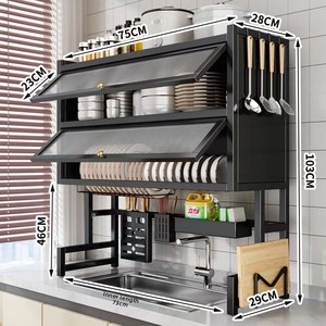 Scaffale in metallo a doppio livello per lavello da cucina <span class=keywords><strong>con</strong></span> sportello antipolvere, scolapiatti multifunzionale per <span class=keywords><strong>spezie</strong></span> e stoviglie - Product Image 6