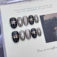 Nouveau produit lancé, Miroir Démon Vent Noir, Doré à la poudre, Noir-or Luxueux-élégant, Faux ongles press-on faits main