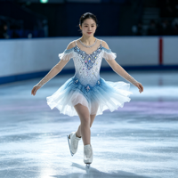 Robe de patinage artistique pour enfants, dégradé blanc et bleu, avec chaîne en maille, dos ouvert, strass faits à la main, en tulle court, pour spectacle sur scène