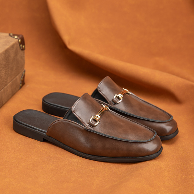 Mens Leather Mules Backless Loafers Premium Metal Buckle Flat Shoes Closed Toe Slippers Extended Sizes