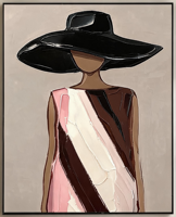 Tableau mural en toile minimaliste « Portrait de femme en chapeau noir » rose mocha pour salon, boutique, hôtel, dressing