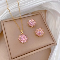 Ensemble de bijoux en acier inoxydable 316L, collier et boucles d'oreilles pendantes en zircon rose, motif tournesol, pour femmes, bijoux de mariage