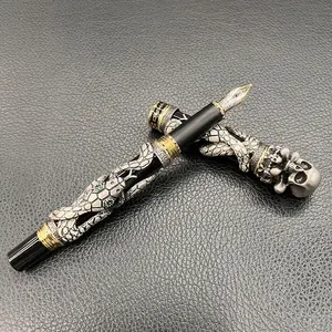 Jinhao pena air mancur ular hitam gaya retro ujung sedang dengan pena kaligrafi desain logam padat kepala tengkorak