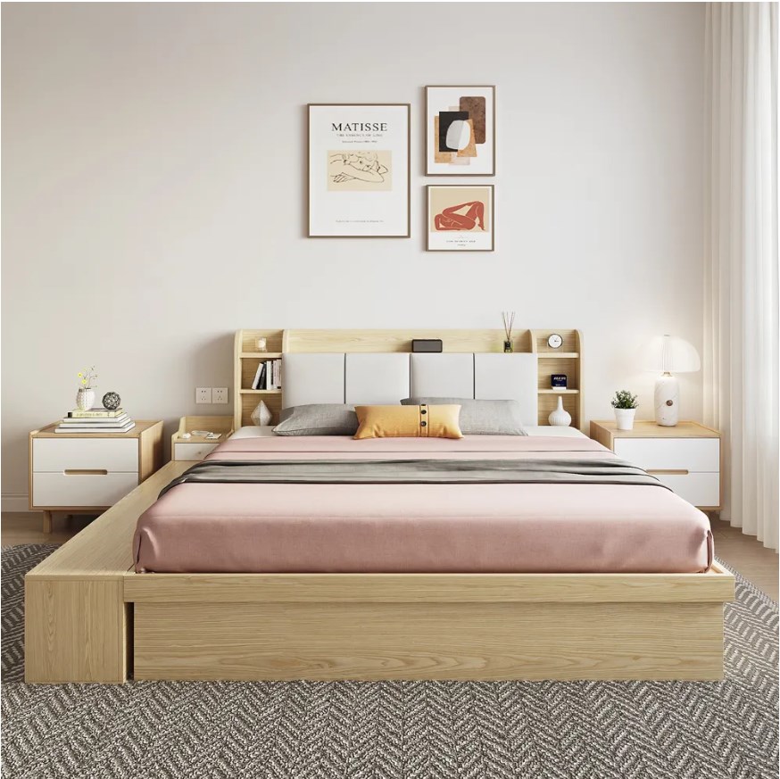 Queen wooden upholstered headboard drawers storage bed