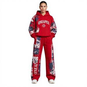 Women's <b>Red</b> Graphic Printed <b>Hoodie</b> Tracksuit Set Wide Leg Sweatpants Streetwear Casual Sportswear Custom Private Label Apparel - Product Image 1