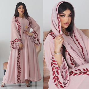 TONGYANG-vestido de gasa Floral bordado para mujer, Hijab de Abaya rosa con cuello de pico árabe musulmán Dubai marroquí 2023 - Product Image 3