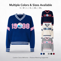 Pull-over en tricot personnalisé avec numéro graphique, col en V, bordure rayée, bleu royal et rose, OEM ODM, vente en gros de tricots