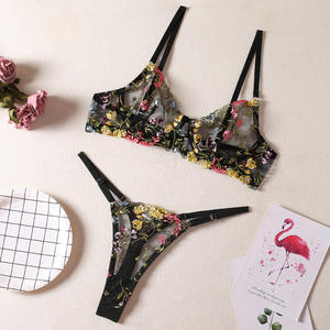 Damen Dessous-Set, sexy Unterwäsche, Push-up-BH mit Bügel und 3D-Blumenstickerei aus Spitze, mit passendem G-String-Höschen - Product Image 5