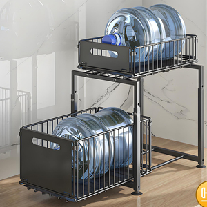 Étagère de rangement coulissante à 2 niveaux en métal pour évier, réglable en hauteur, pour épices de cuisine, avec <span class=keywords><strong>tiroir</strong></span>, montage facile, vente en gros - Product Image 5