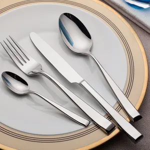 Nordic Square Handle Gold Fork Spoon Knife Garfo Posate Acciaio Inox Dishwasher Safe Hotel Restaurant Cutlery Flatware Set
