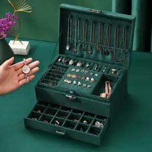Caja organizadora de joyas de franela de 3 capas verde nuevo 2024, caja de almacenamiento de joyas de terciopelo de gran capacidad con cerradura