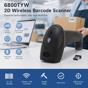 6800TYW 1D 2D QR-<span class=keywords><strong>Code</strong></span> Kabelloser Barcode-Scanner Liest Mobiltelefonbildschirme und Papieretiketten Ein Gerät für Alle 2,4G USB Einzelhandels-POS - Product Image 1