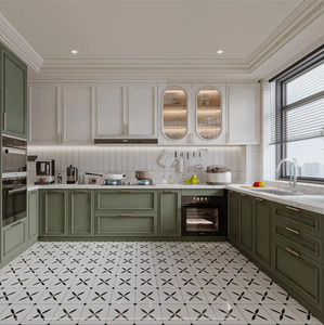 Armoire murale élégante de style rétro français, sur mesure, en <span class=keywords><strong>vert</strong></span> <span class=keywords><strong>olive</strong></span> et blanc, avec portes en verre cannelé ovales - Product Image 1