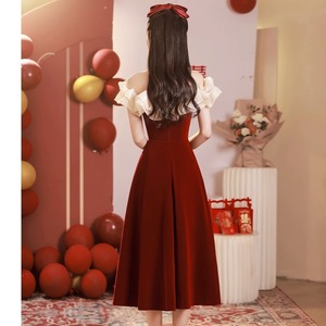 Off-the-shoulder Red Engagement Dress Mid-length Strapless Natural Waistline Contrast Color Wedding Evening Gown - Product Image 5