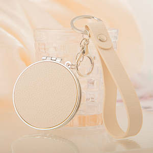 Custom Plastic Double <b>Foldable</b> Compact <b>Mirror</b> Keychain Pocket Makeup <b>Mirror</b> Silver Finish Matching Leather Strap Promotional - Product Image 2