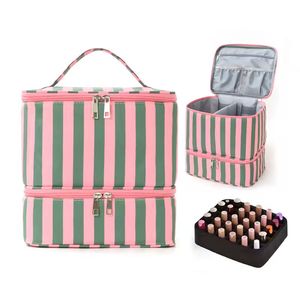 Organisateur de cosmétiques portable à grande capacité, multi-compartiments, à fermeture éclair, à 2 niveaux, rayé, en polyester, pour le voyage - Product Image 3