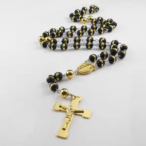Katholischer religiöser Schmuck Silikon Perlen Langkettige Gold Edelstahl Jesus Kreuz Anhänger Frauen Rosenkranz Halskette