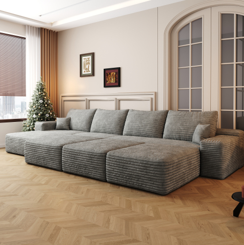 Canapé-lit - Chaise longue à gauche - 3 places - 3 poufs (Gris)