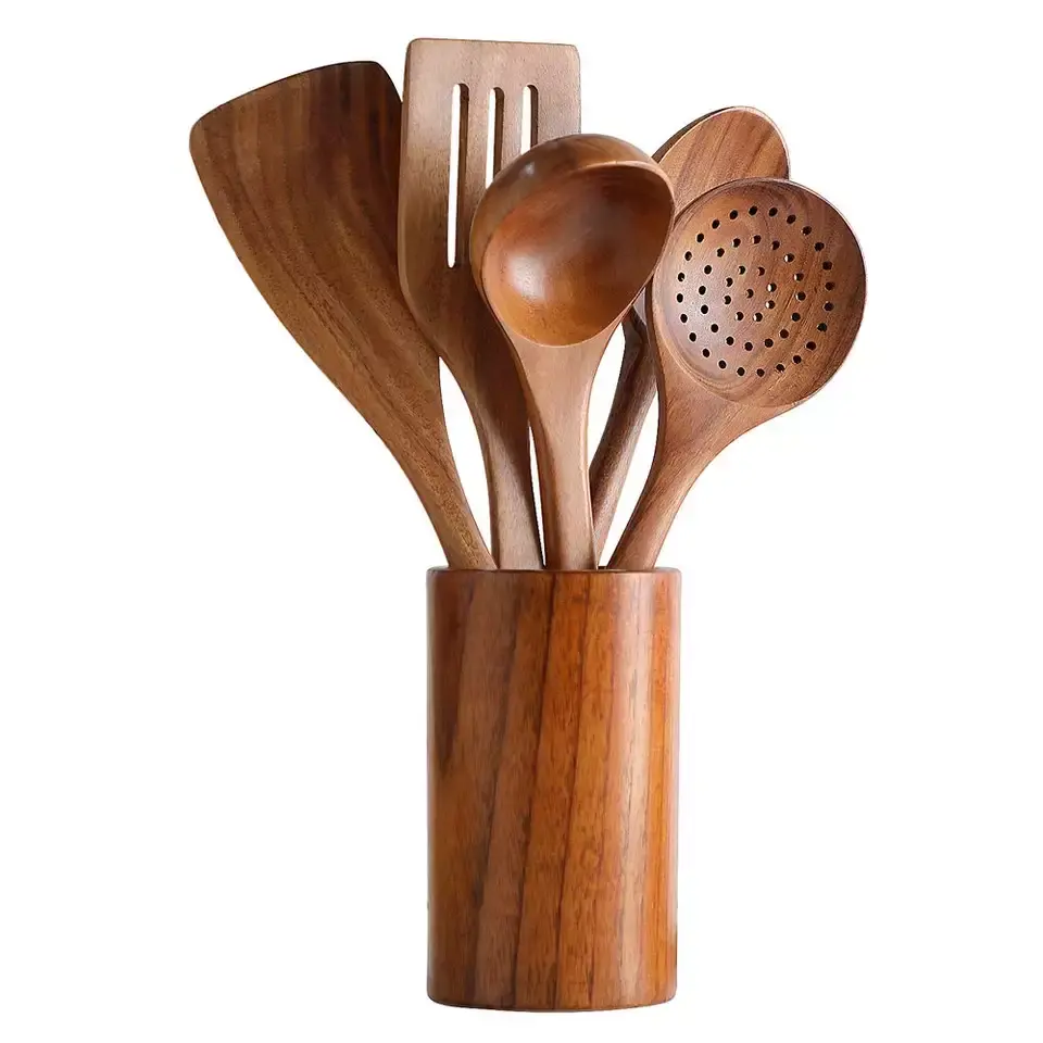 Best Hot Selling Healthy 6pcs Teak Wood Cooking Utensils Storage Holder Durable Eco-friendly Wooden Cooking Utensils Set