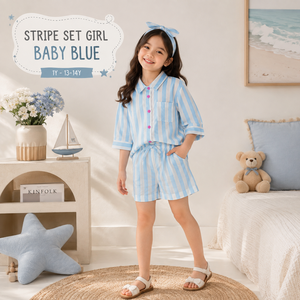 Ensemble rayé pour fille bleu bébé, offrant un confort doux en coton naturel avec un look rayé pour les filles actives et confiantes au quotidien - Product Image 2