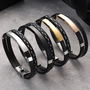 Custom Logo Name Brand Engraved Bracelet Multi-layer Leather Bracelets for Men Stainless Steel ID Bangle Personalize Jewelry