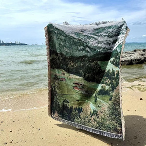 Plaid tissé Paysage <span class=keywords><strong>Montagne</strong></span> Moderne, Mélange Coton Polyester, Tapisserie à Pompons, pour Canapé et <span class=keywords><strong>Lit</strong></span>, Écologique, Décoration Bohème pour la Maison - Product Image 1