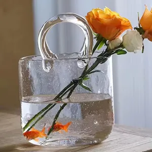 Luxury Transparent Crystal Decorative Flower Glass Handbag Vases Purse Bag Vase For Home Decor