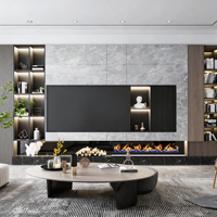 Meuble TV mural moderne en bois avec étagères à LED et foyer électrique, console multimédia pour salon