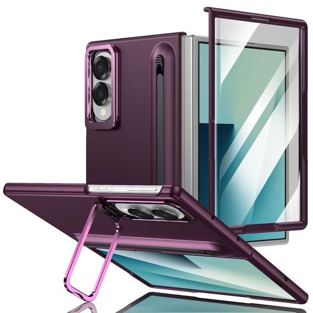 For Samsung Galaxy Z Fold 8 Wide 7 Skin Feel Fold Case with Tempered Glass Screen Protector Stylus Pen Metal Camera Frame Stand