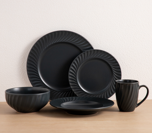 Wholesale Custom <b>Black</b> Ribbed Ceramic Tableware, Matte Stoneware Dinner Set, Free Design & Custom Logo Available - Product Image 1
