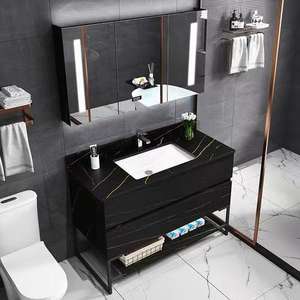 Ensemble de meuble-lavabo de salle de bain YALIG moderne noir mat, double vasque, meuble-lavabo au sol, poignée God, avec miroir - Product Image 5