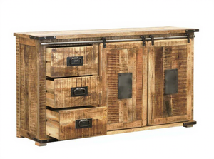 Buffet vintage en bois indien récupéré, meuble TV avec deux portes et trois tiroirs, rangement rustique en métal - Product Image 2
