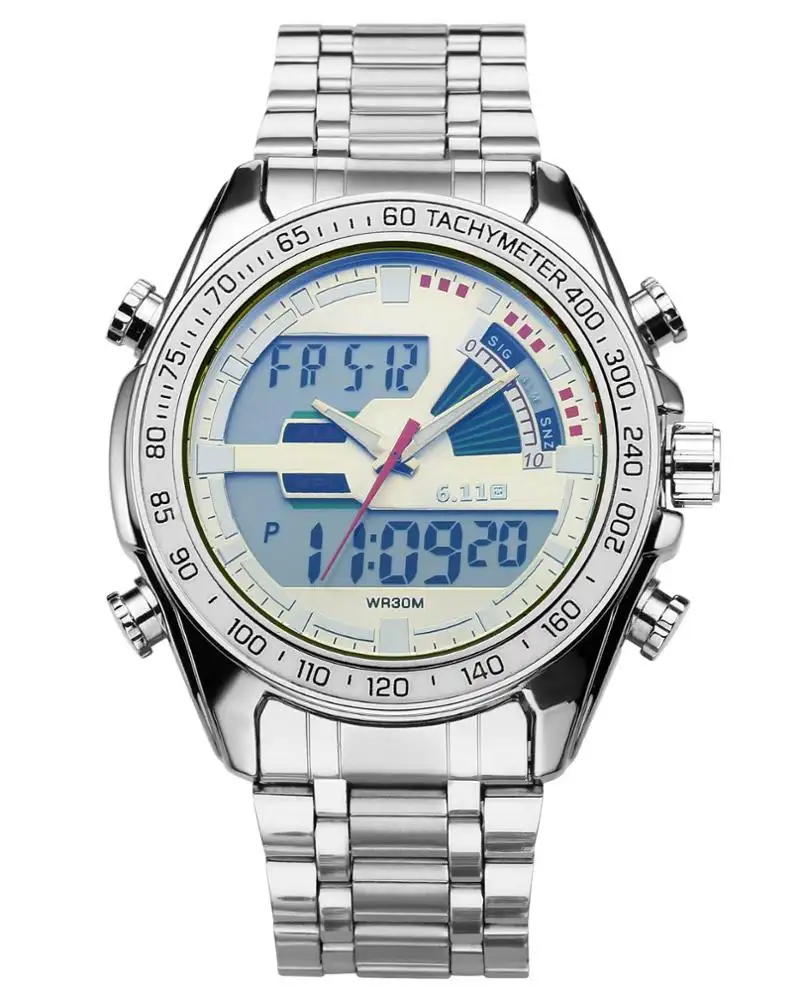6,11 F350G новый стиль серебряные мужские кварцевые часы горячая Распродажа браслет из нержавеющей стали водонепроницаемые двойной дисплей походные ручные часы