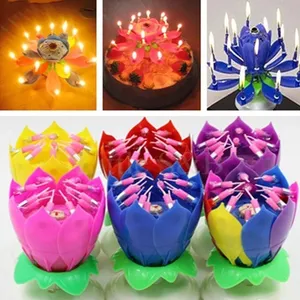 AAA93 dekorasi ulang tahun lilin kue Lotus Blossom lilin musik ganda rotasi lilin bunga